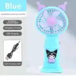 Mini ventilateur de poche bleu pour enfant avec oreilles de chat et motif Kuromi sur le manche