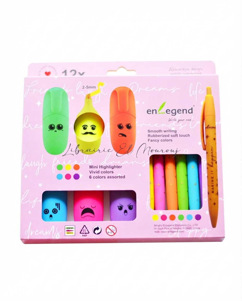 Gemini_Generated_Image_nzz1zynzz1zynzz1 Enlegend Box 6 Mini Surligneurs & 6 Stylos Fluo Assorties – Image 1