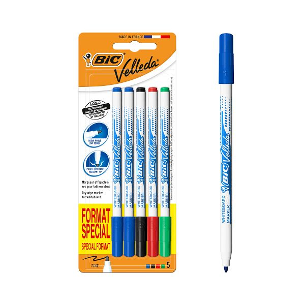 Pack_de_5_Marqueurs_pour_Tableau_Blanc_Effaçables_à_Sec_Pointe_Conique_Fine_Bic_Velleda Pack de 5 Marqueurs pour Tableau Blanc Effaçables à Sec Pointe Conique Fine Bic Velleda – Image 1