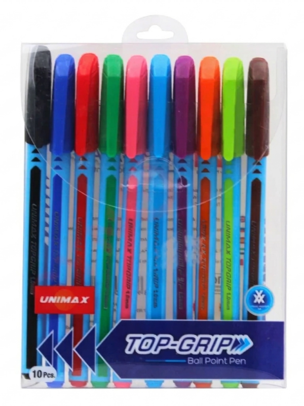 Pochette de 10 stylos à bille 1.0 mm UNIMAX TopGrip écriture fluide Tunisie