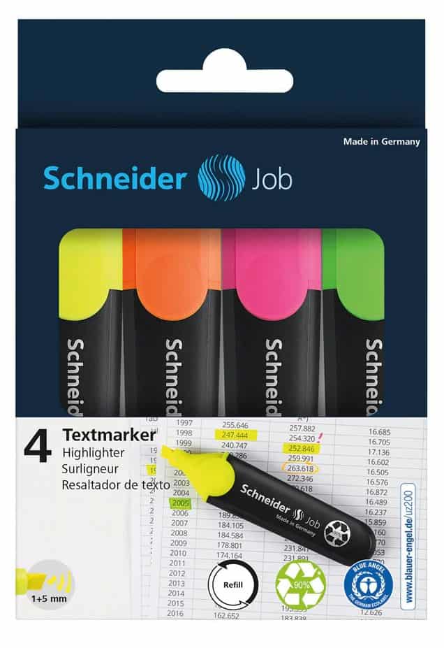 RS1500_Schneider_Job_Highlighters_Bright_4pk_02 Pochette de 4 Surligneurs Fluo Schneider Job – Image 1