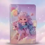 Carnet secret ou journal intime pour filles violet pastel avec une couverture rigide en simili-cuir. L'illustration montre une petite fille de style poupée aux cheveux bouclés violets chevauchant une licorne rose au-dessus de nuages, avec un fermoir magnétique.