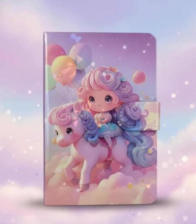 Carnet secret ou journal intime pour filles violet pastel avec une couverture rigide en simili-cuir. L'illustration montre une petite fille de style poupée aux cheveux bouclés violets chevauchant une licorne rose au-dessus de nuages, avec un fermoir magnétique.