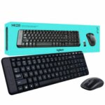 Ensemble clavier et souris sans fil noir Logitech MK220 avec sa boîte d'emballage bleu turquoise et son récepteur USB.