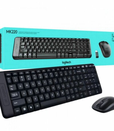 Ensemble clavier et souris sans fil noir Logitech MK220 avec sa boîte d'emballage bleu turquoise et son récepteur USB.