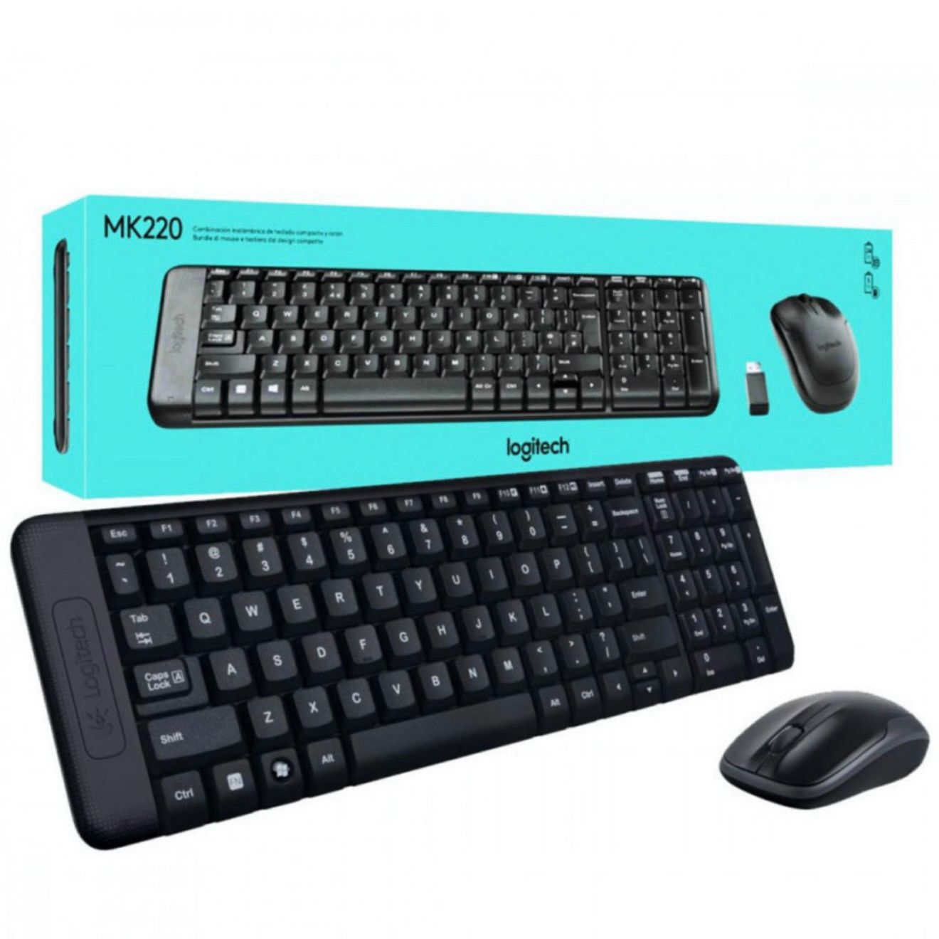 aPack Clavier et Souris Sans Fil Logitech MK220 - Noir Ensemble clavier et souris sans fil noir Logitech MK220 avec sa boîte d'emballage bleu turquoise et son récepteur USB.