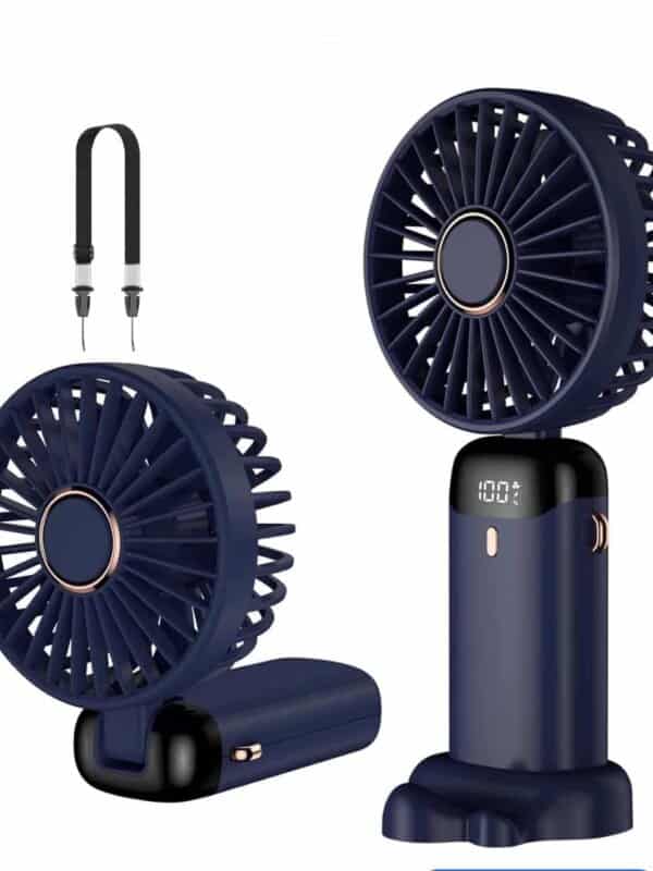 Mini ventilateur portable bleu marine multifonction présenté sous deux angles différents, avec un cordon tour de cou et un affichage LED du niveau de batterie.