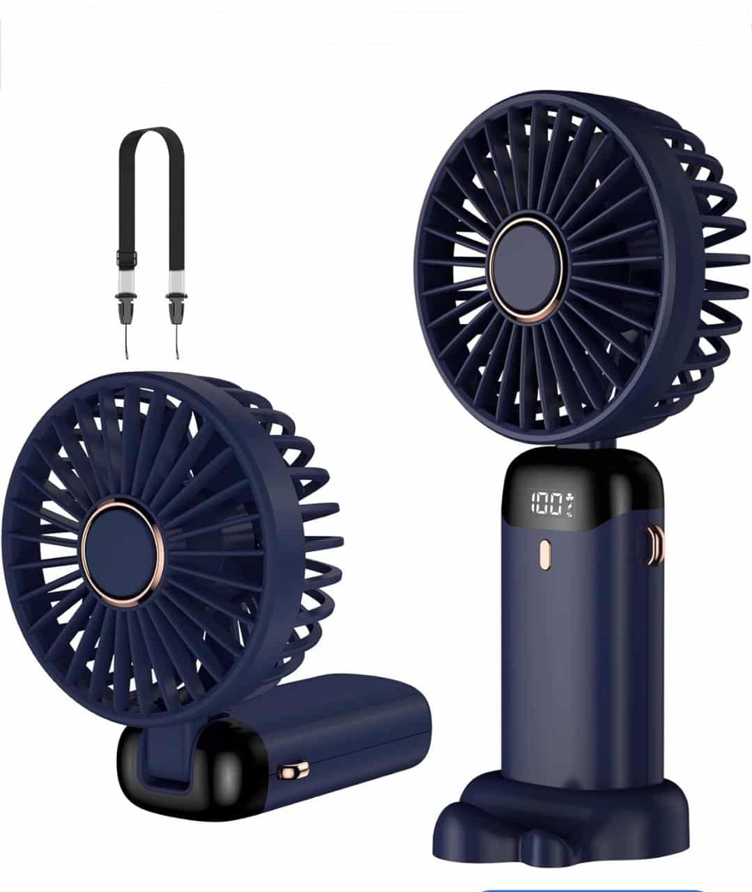 : Mini ventilateur portable rechargeable USB – Ventilateur de poche pliable à 90° avec écran LED et base de table Mini ventilateur portable rechargeable bleu marine, pliable à 90° avec écran LED indicateur de batterie et base support.
