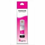 Cette image présente une bouteille d'encre adaptable Premium Ink de couleur magenta, spécialement conçue pour recharger les réservoirs d'imprimantes de type EcoTank.