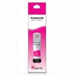 Cette image présente une bouteille d'encre adaptable Premium Ink de couleur magenta, spécialement conçue pour recharger les réservoirs d'imprimantes de type EcoTank.