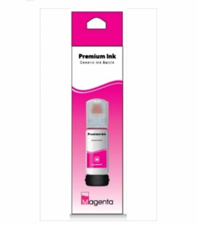 Cette image présente une bouteille d'encre adaptable Premium Ink de couleur magenta, spécialement conçue pour recharger les réservoirs d'imprimantes de type EcoTank.