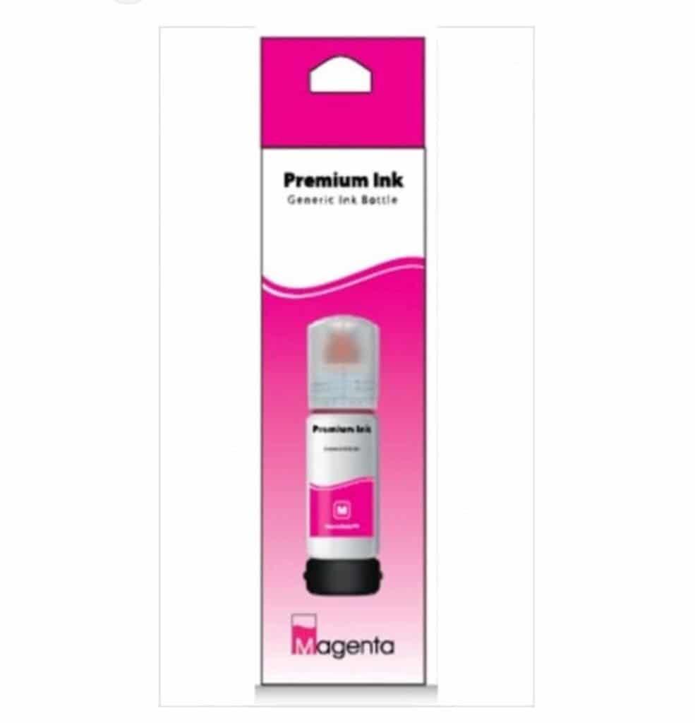 Cette image présente une bouteille d'encre adaptable Premium Ink de couleur magenta, spécialement conçue pour recharger les réservoirs d'imprimantes de type EcoTank.