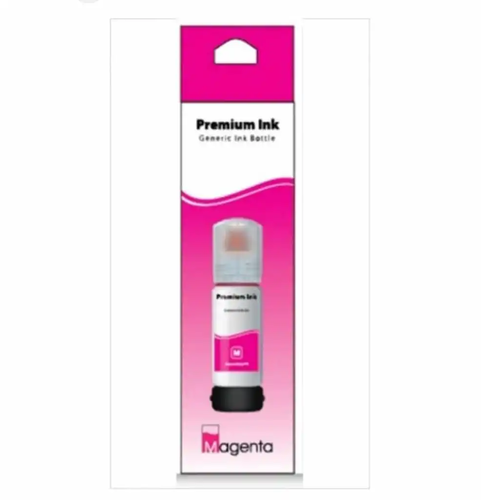 Cette image présente une bouteille d'encre adaptable Premium Ink de couleur magenta, spécialement conçue pour recharger les réservoirs d'imprimantes de type EcoTank.