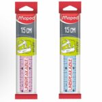 Une équerre rose translucide de 15 cm à angle de 60 degrés de la marque Maped, modèle Twist 'n Flex, disposée verticalement dans son emballage d'origine. Le haut du packaging en carton affiche le logo Maped rouge et une illustration de l'outil en cours de torsion.