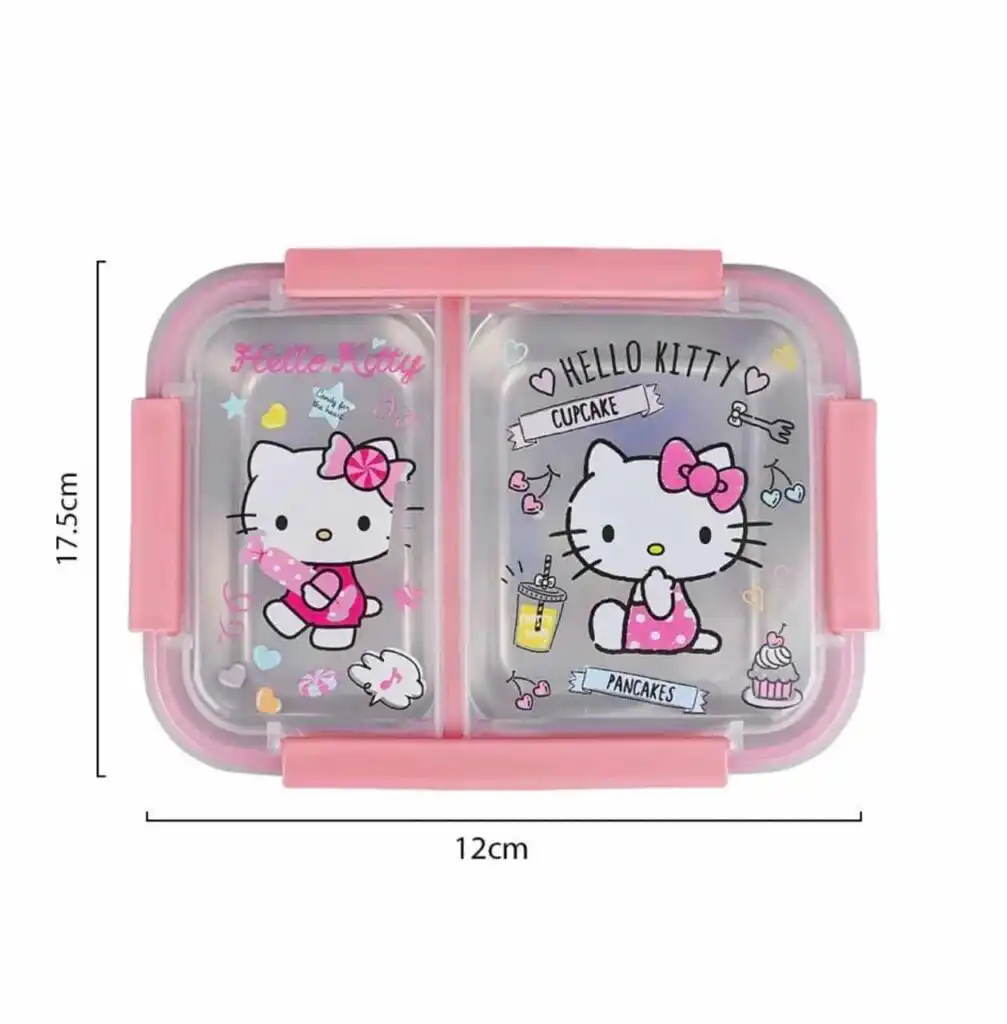 Boîte à repas pour enfant Hello Kitty rose et transparente à compartiments, avec des flèches indiquant les dimensions de 17,5 cm de hauteur sur 12 cm de largeur.