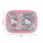 Boîte à repas pour enfant Hello Kitty rose et transparente à compartiments, avec des flèches indiquant les dimensions de 17,5 cm de hauteur sur 12 cm de largeur.