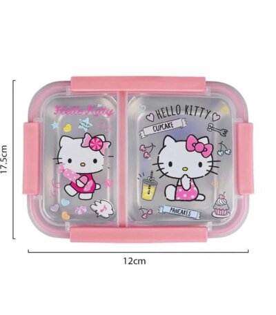 Boîte à repas pour enfant Hello Kitty rose et transparente à compartiments, avec des flèches indiquant les dimensions de 17,5 cm de hauteur sur 12 cm de largeur.