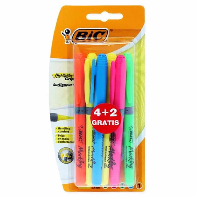 boite-de-6-brite-liner-grip-2-gratuit Pochette de 4 surligneurs BIC Liner Grip + 2 gratuits – Image 1