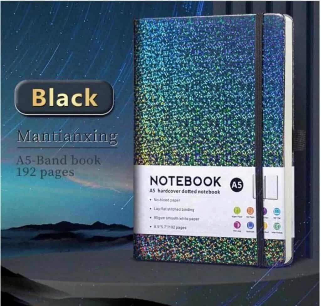 Carnet de notes A5 Mantianxing noir à couverture rigide pailletée holographique avec élastique de fermeture.