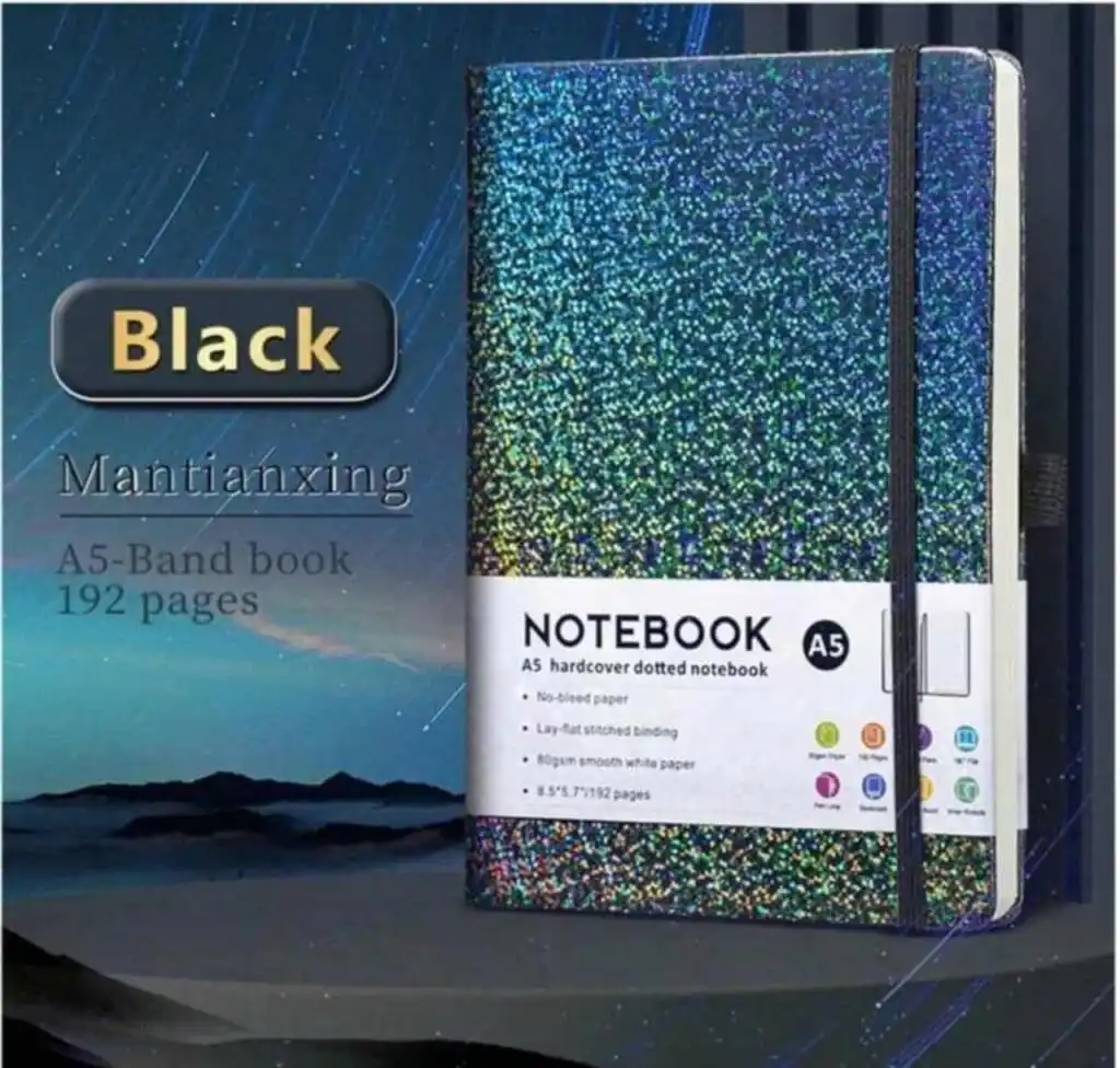 Carnet de notes A5 Mantianxing noir à couverture rigide pailletée holographique avec élastique de fermeture.