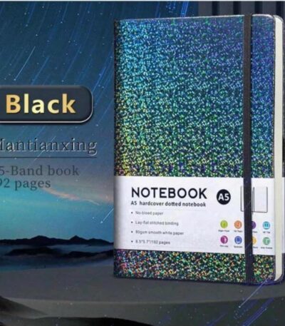 Carnet de notes A5 Mantianxing noir à couverture rigide pailletée holographique avec élastique de fermeture.