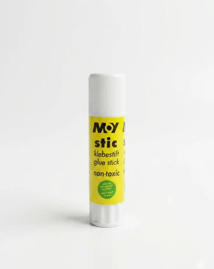 Un bâton de colle de la marque M•Y stic présenté à la verticale sur un fond blanc uni. Le tube possède un corps jaune vif habillé d'inscriptions noires, surmonté d'un bouchon cylindrique blanc et muni d'une molette rotative blanche à sa base. Le nom de la marque "M•Y stic" est imprimé en lettres noires épaisses en haut du tube.