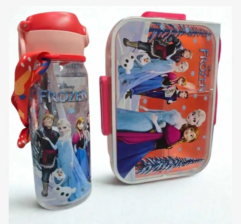Ensemble de déjeuner pour enfant Disney La Reine des Neiges comprenant une gourde transparente avec paille et sangle rouge, ainsi qu'une boîte à lunch rectangulaire assortie illustrant Elsa, Anna, Kristoff et Olaf.