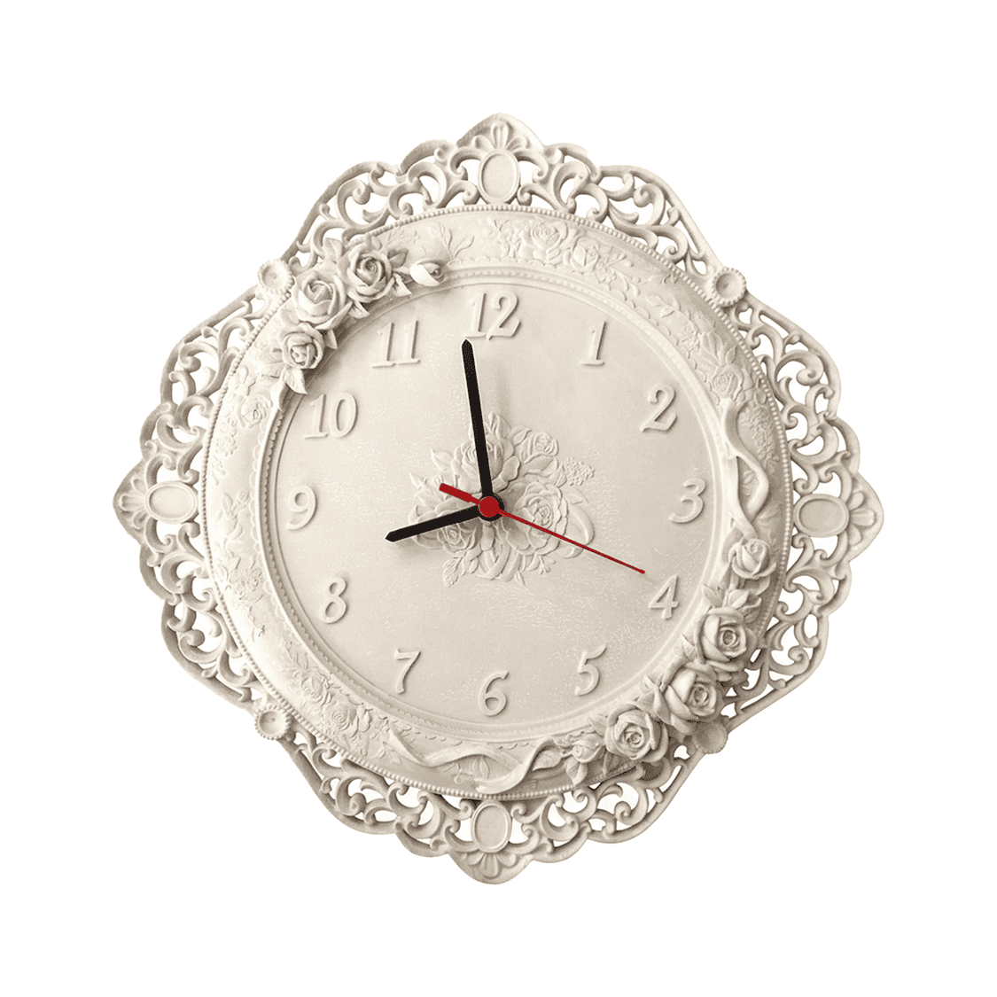 clock Horloge Murale Blanche Ornée de Roses Sculptées et Arabesques de Style Antique – Image 1
