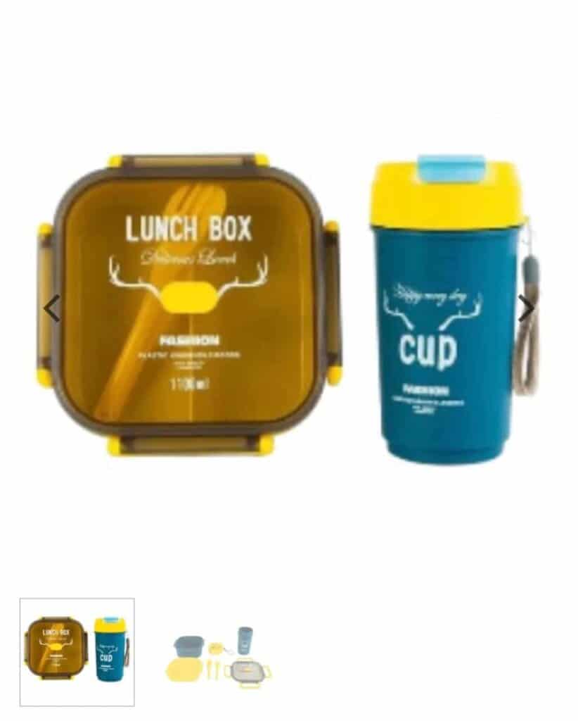 La région sélectionnée montre un ensemble de boîte à repas (Lunch Box) et gourde assortie pour enfants