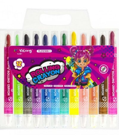 Un paquet transparent contenant un ensemble de 12 crayons à cire rotatifs de la marque Yalong. Chaque crayon possède un corps en plastique transparent coloré qui laisse apparaître la mine, avec un motif de ballon de football blanc imprimé sur le bas. Les mines pointues affichent une variété de couleurs vives alignées de gauche à droite : rouge, vert clair, noir, violet, bleu foncé, bleu clair, vert foncé, jaune, rose pêche, orange clair, marron et rose fuchsia.