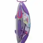Un compas scolaire de couleur bleu et vert, rangé à l'intérieur d'un étui de protection en plastique bleu en forme de navette ou de feuille. Le couvercle supérieur de l'étui est transparent, laissant apparaître le compas doté de branches en métal gris et en plastique bleu, ainsi qu'un système de blocage avec une molette verte et un petit crayon de bois intégré. Une étiquette à droite indique la marque avec un logo composé des lettres "LS" dans un cercle rouge, accompagnée des mentions "LOCK" et "STUDY COMPASSES No.0203". Le sommet du boîtier est muni d'une boucle d'accroche bleue.