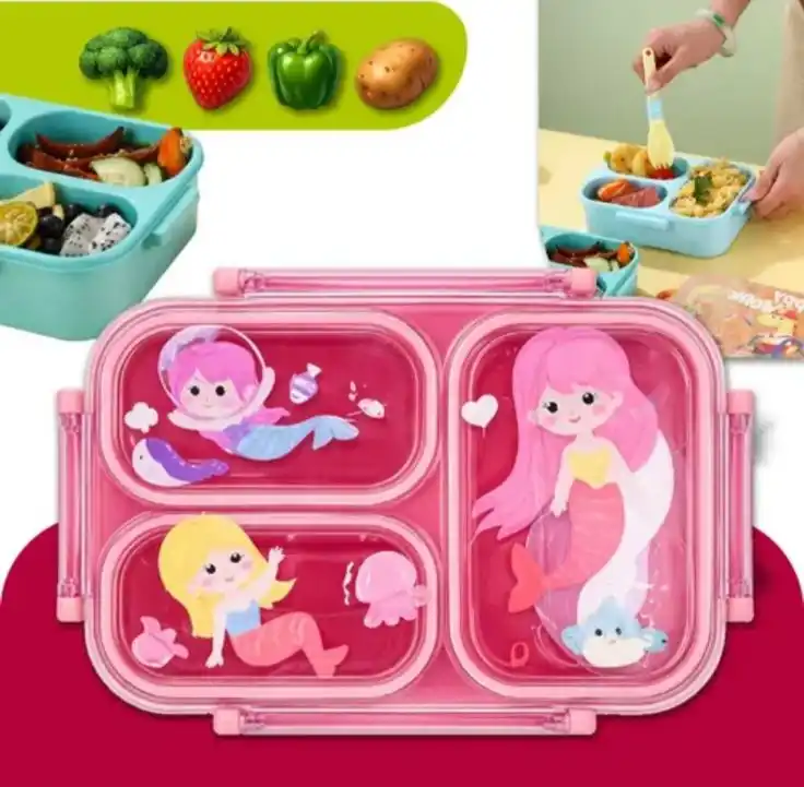 "Boîte à lunch bento bleue pour enfant sur le thème de l'espace, avec trois compartiments et un couvercle transparent décoré de motifs d'astronautes et de planètes."