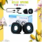 L'image présente une paire de mini haut-parleurs multimédias Jedel D-015 (parfois distribués sous la marque Kisonli), un système audio stéréo portatif 2.0 conçu pour les ordinateurs et les appareils mobiles.