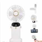 Mini ventilateur portable blanc 3-en-1 avec écran digital et base de support pour smartphone.