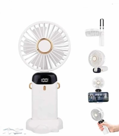 Mini ventilateur portable blanc 3-en-1 avec écran digital et base de support pour smartphone.