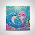 Un kit de broderie diamant carré affiché sur un fond gris clair. L'illustration représente une scène sous-marine colorée et enfantine avec deux dauphins anthropomorphes au centre, se faisant face en souriant. Le dauphin de gauche est bleu avec des joues roses et tient une fleur orange. Le dauphin de droite est entièrement rose avec des cils noirs et tient une étoile de mer verte.