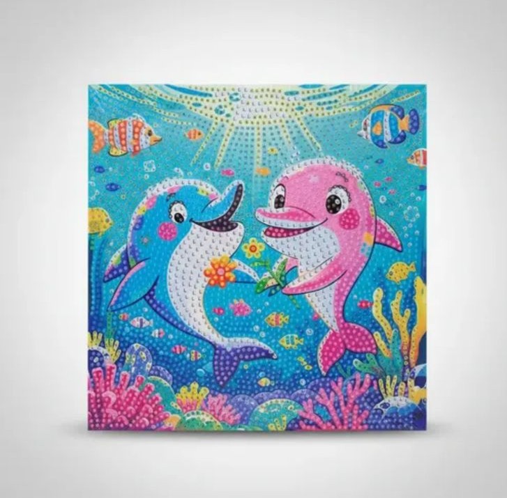 Un kit de broderie diamant carré affiché sur un fond gris clair. L'illustration représente une scène sous-marine colorée et enfantine avec deux dauphins anthropomorphes au centre, se faisant face en souriant. Le dauphin de gauche est bleu avec des joues roses et tient une fleur orange. Le dauphin de droite est entièrement rose avec des cils noirs et tient une étoile de mer verte.
