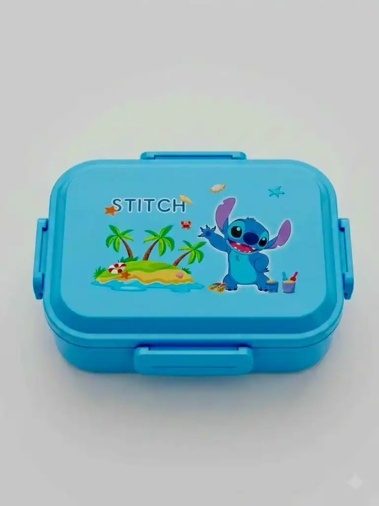 oîte à lunch rectangulaire en plastique bleu fermée, ornée d'une illustration de Stitch sur une île tropicale avec des palmiers.