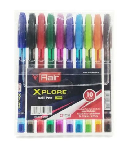 Une pochette en plastique transparent contenant un lot de 10 stylos à bille multicolores de la marque « Flair », modèle « Xplore ». Les stylos disposent d'un corps transparent et d'un capuchon à clip de couleur assortie à leur encre.