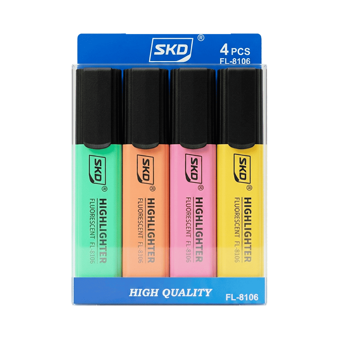 Pochette de 4 Surligneurs Fluorescents SKD, Couleurs Assorties, Pointe Biseautée pour École et Bureau (FL-8106) Pochette de 4 Surligneurs Fluorescents SKD, Couleurs Assorties, Pointe Biseautée pour École et Bureau (FL-8106)