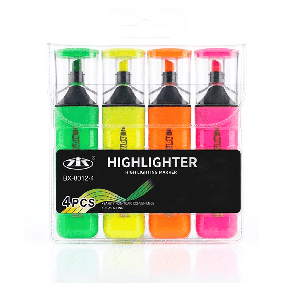 Pochette de 4 Surligneurs Fluorescents ZIZ, Couleurs Assorties, Pointe Biseautée pour École et Bureau (BX-8012-4) Pochette de 4 Surligneurs Fluorescents SKD, Couleurs Assorties, Pointe Biseautée pour École et Bureau (BX-8012-4)