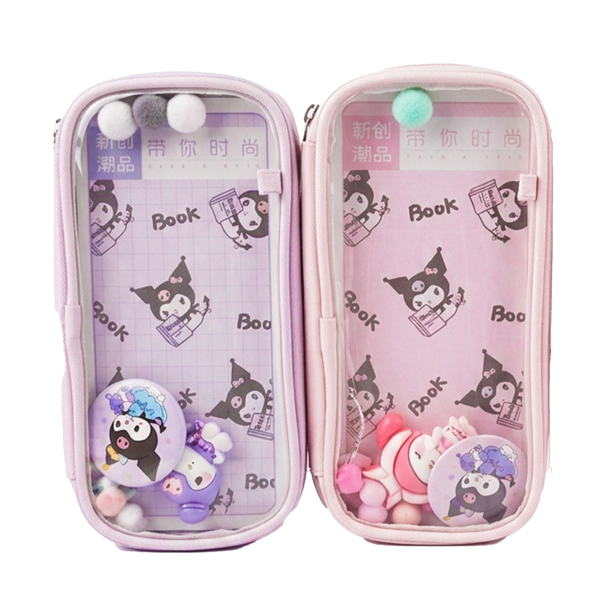 16 Trousse Scolaire Transparente Kuromi avec Pompons et Accessoires – Image 1