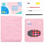 Palette d'aquarelle Keep Smiling 36 couleurs + Du papier aquarelle + éponge (Rose)