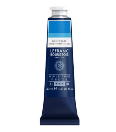 Le bleu primaire huile peinture fine Lefranc Bourgeois, en tube de 40 ml, est un bleu cyan franc idéal pour peindre et mélanger.