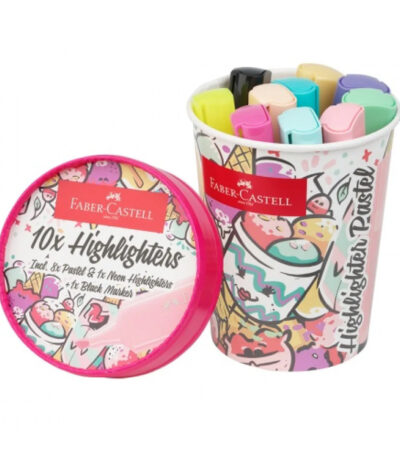 Set de 10 surligneurs Faber-Castell avec 5 couleurs pastel, 5 couleurs néon et un marqueur noir. Idéal pour les notes, révisions et fournitures scolaires.