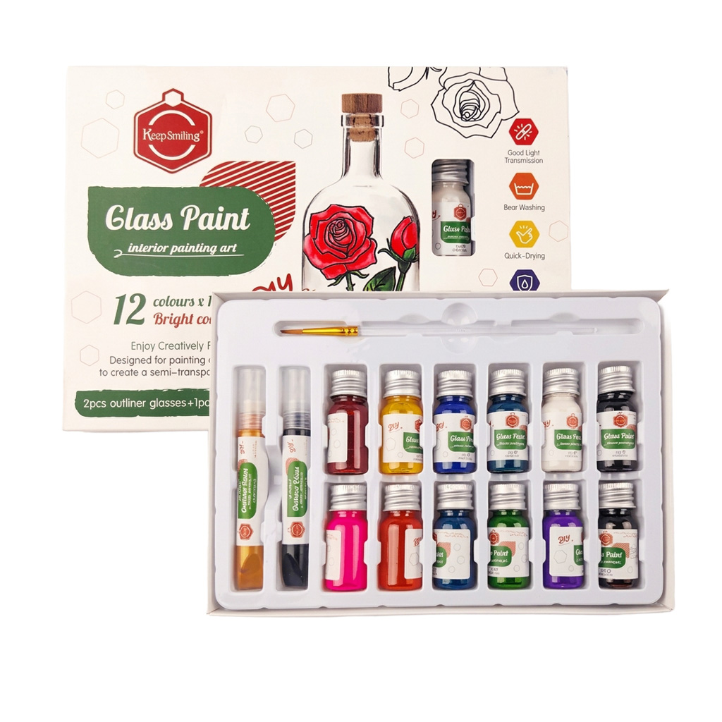 zdzdz Coffret de peinture pour verre , 12 couleurs x 12 ml - Keep Smiling – Image 1