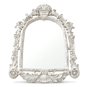 Miroir mural baroque blanc orné 37x26 avec panier de fleurs et coquille
