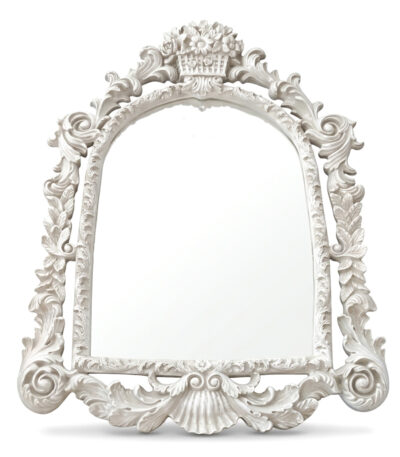 Miroir mural baroque blanc orné 37x26 avec panier de fleurs et coquille