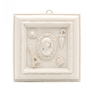 Plaque Paris blanche carrée avec camée, tour Eiffel et accessoires en relief