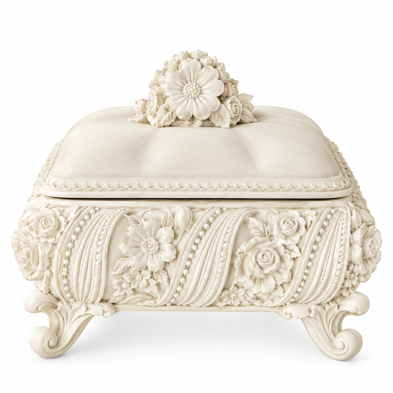 Boîte à bijoux ivoire rococo – Fleurs sculptées Boîte à bijoux ivoire rococo avec fleurs sculptées